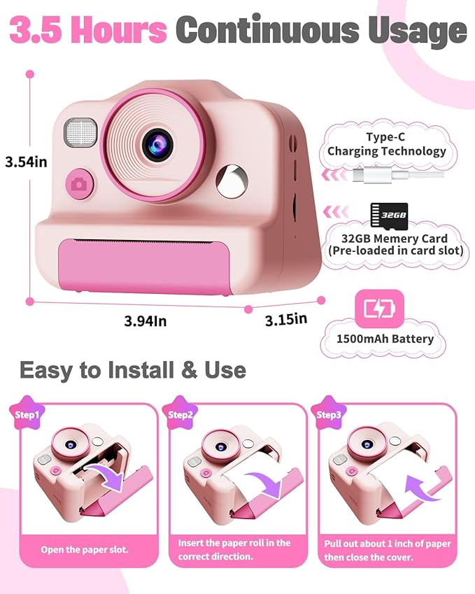 Instant Print Camera for Kids, Front Rear Dual Selfie Kids Camera with 1080P Videos, Christmas Birthday Gifts for Kids Ages 3-12, Toddler Digital Camera Toy for 4 5 6 7 8 Year Old Girls (Pink)