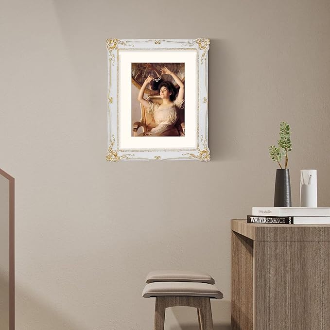 SIMON'S SHOP 11x14 Picture Frame Matted for 8x10 Photo, Vintage Style Poster Frames 11x14, White with Gold Accents Wall Mounting Gallery Wall Décor