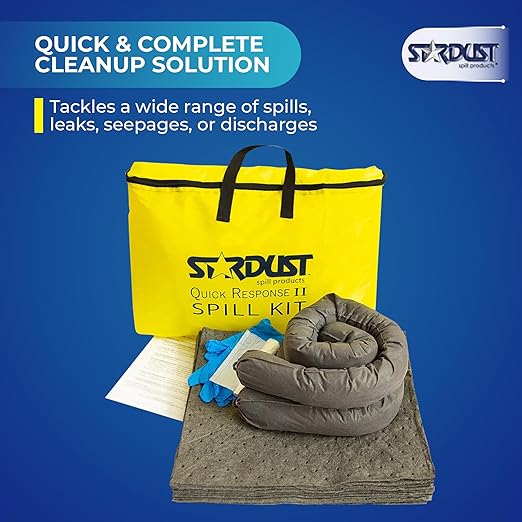 Stardust Spill Products D715 Quick Response II Spill Kit Includes Yellow Duffle, 15 Universal Sorbent Pads, 2 Universal Sorbent Socks 3"x4', 4 Disposal Bags, Nitrile Gloves