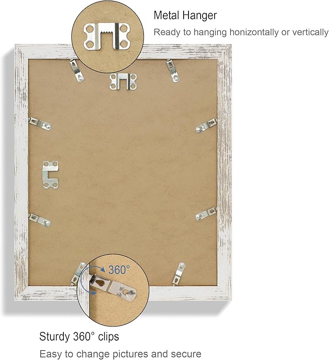 10x12 Picture Frame Set of 4, Made of Real Glass and Distressed White Frame - Display Picture 8x10 with Mat or 10x12 Without Mat, 10 by 12 Photo for Wall Mounting