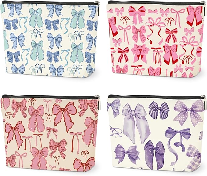 4 PCs Bow Stuff Makeup Bag Coquette Stuff Cosmetic Bag, Bow Gifts for Women Teen Girls Best Friends Daughter Coworkers, Cute Bow Stuff Christmas birthday Gifts Zipper Pouch Toiletry Bag