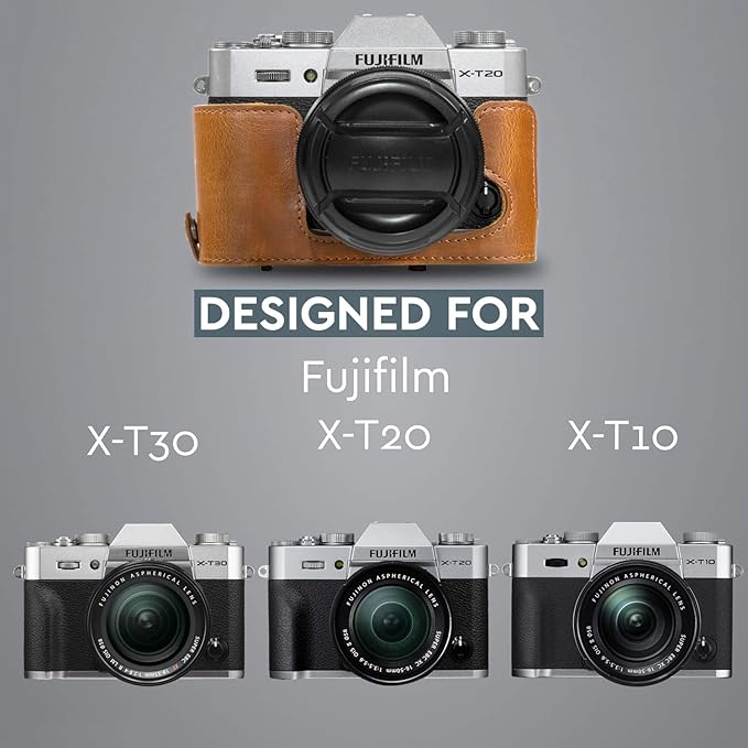 MegaGear MG983 Fujifilm X-T30, X-T20, X-T10 (16-50mm/ 18-55mm Lenses) Ever Ready Leather Camera Case and Strap, with Battery Access - Light Brown