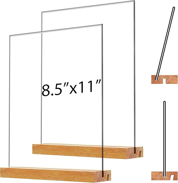 JDEA Acrylic Sign Holder with Wood Base 8.5x11 Inch Vertical and Slant Displays (2 Pack 8.5*11")