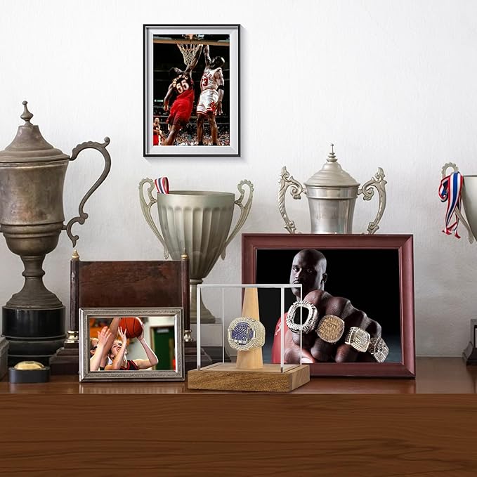 Hooqict Championship Ring Display Case Clear Acrylic Ring Case Display Box UV Protected with Wood Base Stand for Sports Baseball Basketball Softball Football Single Ring Holder Coin Stand