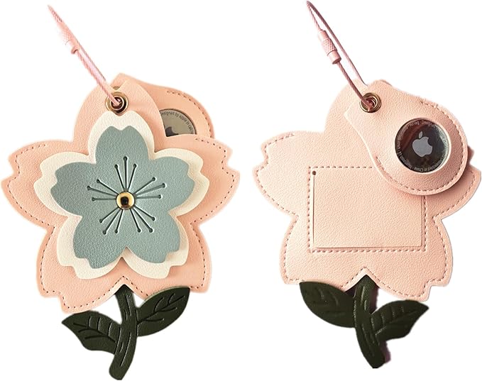 Cute Leather Luggage Tag Holder with Airtag Case Set,Hidden Compartment for AirTag Travel Suitcase Tracking Case with Stainless Steel Loop,Name ID Label(Blue Cherry Blossoms)