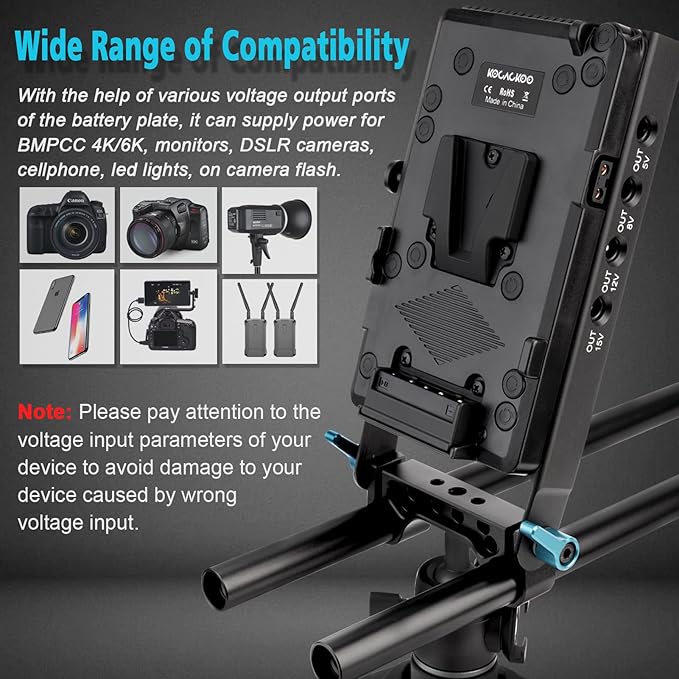 KOCACKOO V-Mount Lock Battery Plate Power Supply Splitter Adapter with 15mm Rod Clamp + LP-E6 Dummy Battery for BMPCC 4K/6K、DSLR RED Cameras、Camcorders、Canon 5D2/5D3/5D4/6D/6D2/7D/7D2/70D/80D/5DSR