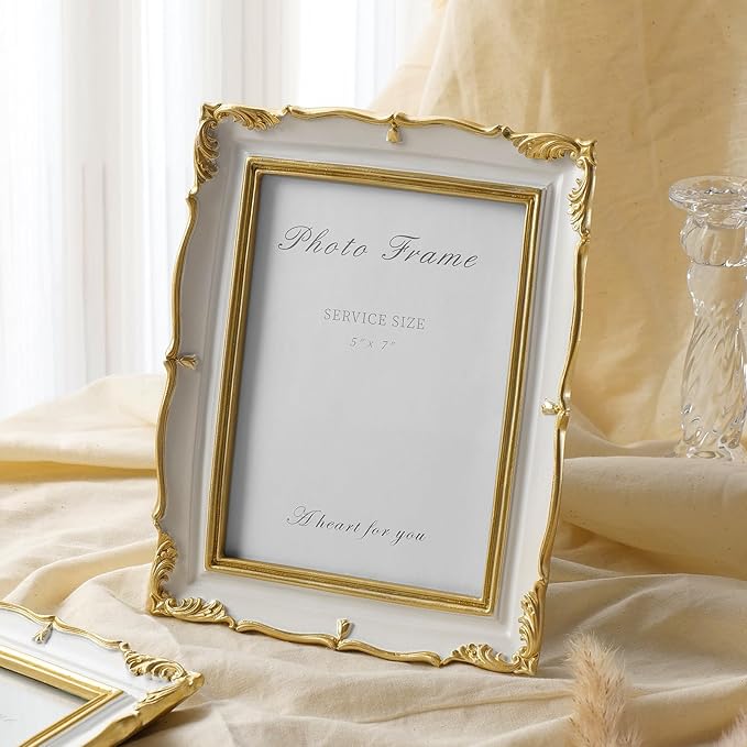 Cuspin 5x7 Picture Frame, White and Gold Vintage Ornate Resin Photo Frame with Glass Front, 5 by 7 Picture Frame for Wall Hanging or Tabletop Display