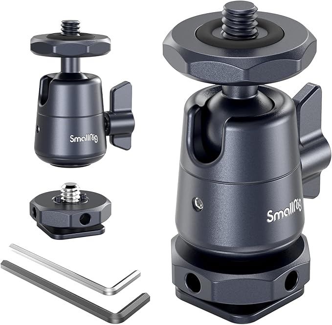 SmallRig Mini Ball Head (2 Pack) with 1/4" Screw and Removable Shoe Mount, 360 Degree Rotatable Aluminum Tripod Head for Camera Tripods Monopods Camcorder Light Microphone, Max. Load 1.5 kg - 2948B