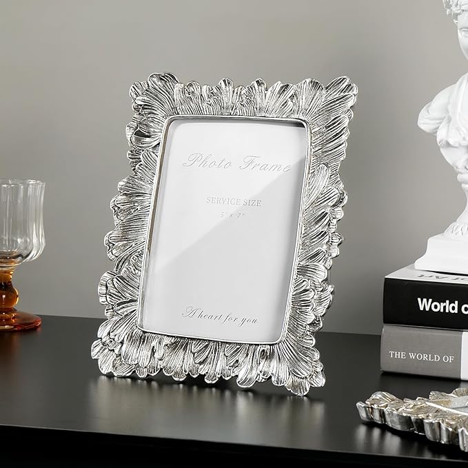 Cuspin 5x7 Picture Frame Silver Frames, Vintage Elegant Palm Leaves Textured Hand-Crafted Resin with Glass Front Retro Design Photo Frame for Wall Hanging and Tabletop Display Home Decor