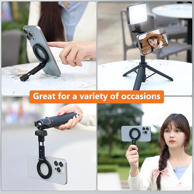 VRIG Magnetic Phone Tripod Mount for iPhone, Foldable Metal Phone Holder with Double 1/4" Screw Holes and Cold Shoe, Compatible Handles Selfie Stick Tripod Fill-Light Microphone, MG-23