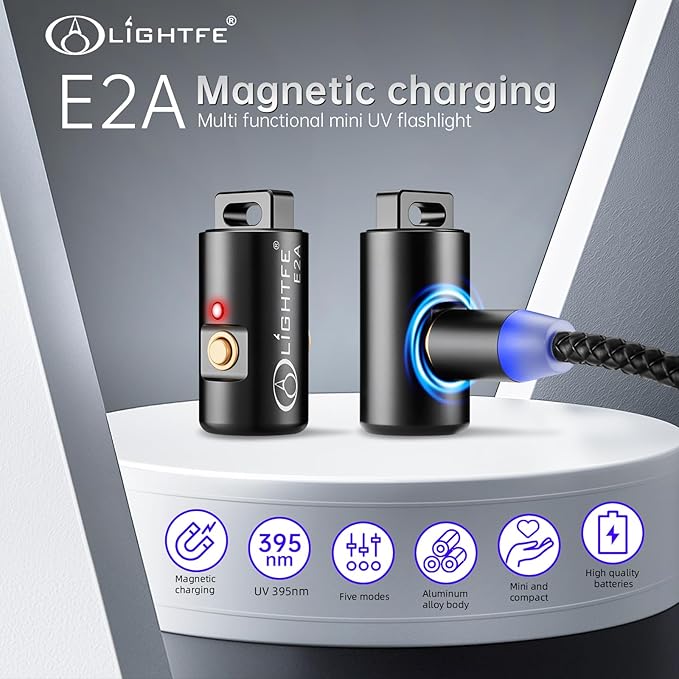 LIGHTFE E2A Mini UV Flashlight 395nm, Rechargeable Keychain Ultraviolet Light, Professional Blacklight for Resin Curing, Pet Urine Detector, Minerals, Dry Stains,Small UV Lamp with Magnetic Charging