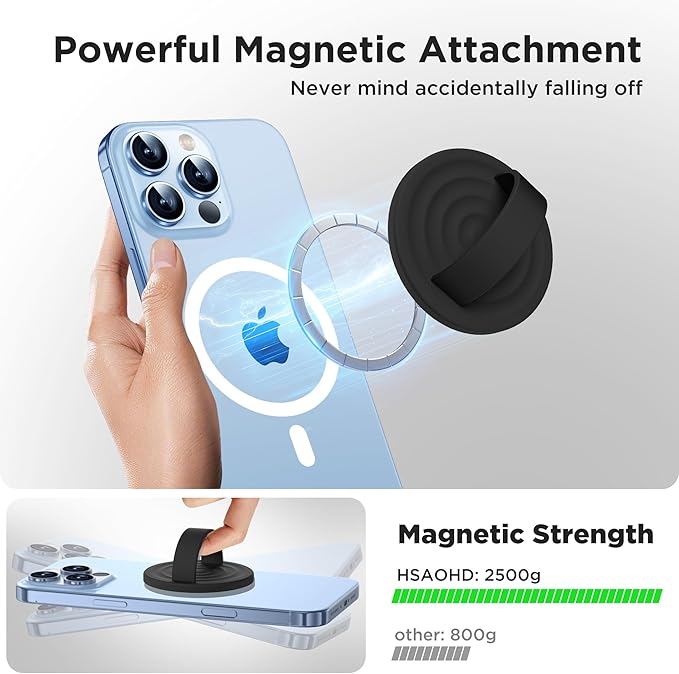 Upgraded Magnetic Phone Grip, Liquid Silicone Soft and Portable, Removable Finger Loop Ring Grip Holder for iPhone, Strong Magnetic Attraction, Compatible with MagSafe Phone Case, Black