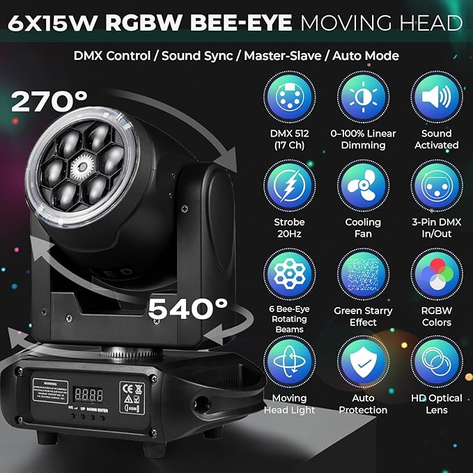 6×15W RGBW Bee-Eye Moving Head DJ Light – LED Ring & Starry Sky Effects, 540° Pan / 270° Tilt Stage Lighting with DMX512 Auto & Sound-Activated Modes for Parties, Clubs, Weddings