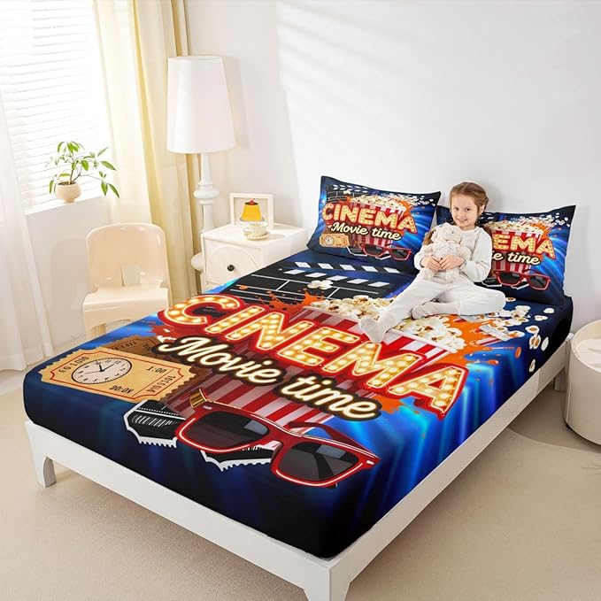 Erosebridal Movie Bed Sheets Set Full Retro Theater Theme Sheet Set Vintage Cinema Ticket Clapboard Popcorn Print Sheets for Girls Family Home Theater Decor Fitted Sheet Movie Themed Flat Sheet