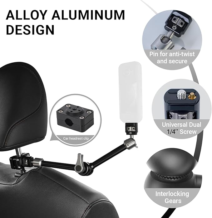 Heavy-Duty Articulating Magic Arm Mount with Super Clamp, 360° Dual Ball Head & 1/4" ARRI Locating Pin&Holes, Camera Monitor Mount for Action Camera Video LED Light (11" Magic Arm w/Headrest)