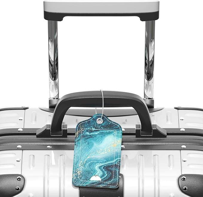 Luggage Tags for Suitcase, 2 Pack PU Leather Travel Cruise Luggage Tag with Privacy Flap, Name ID Label and Metal Loop for Women Men Girls Suitcase Baggage Bag Backpack Instrument, Teal Marble