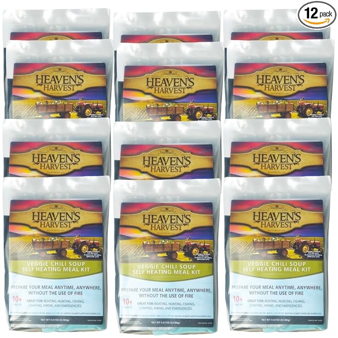 Heaven's Harvest Self-Heating Emergency Meal Kit (10 Year Shelf Life) — Tastier than MRE Meals & Ready-To-Eat in Minutes! Just add water to activate the “cooking” process. (Veggie Chili) (12-Pack)