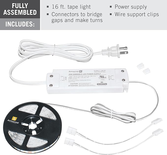 Armacost Lighting 421502 Ribbon Flex Home LED Tape Light Kit, 16 ft, AC Dimmable (3000K) 300 LED Lights