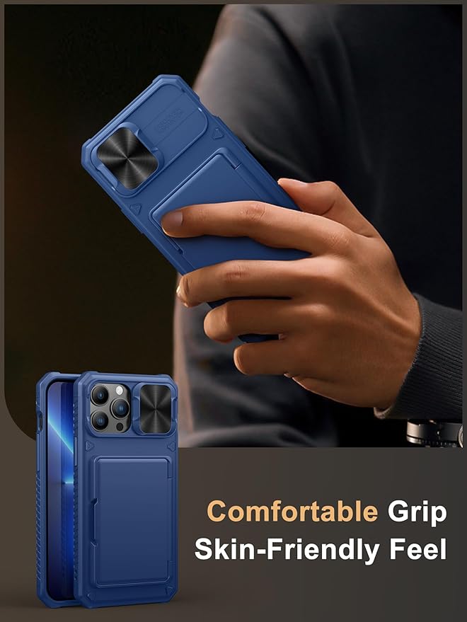 Vihibii for iPhone 13 Pro Max/iPhone 12 Pro Max Wallet Case with Card Holder (4 Cards), [RFID Blocking] & Slide Lens Camera Cover & Raised Edges Protect Screen, Shockproof Rugged Phone Case, Blue