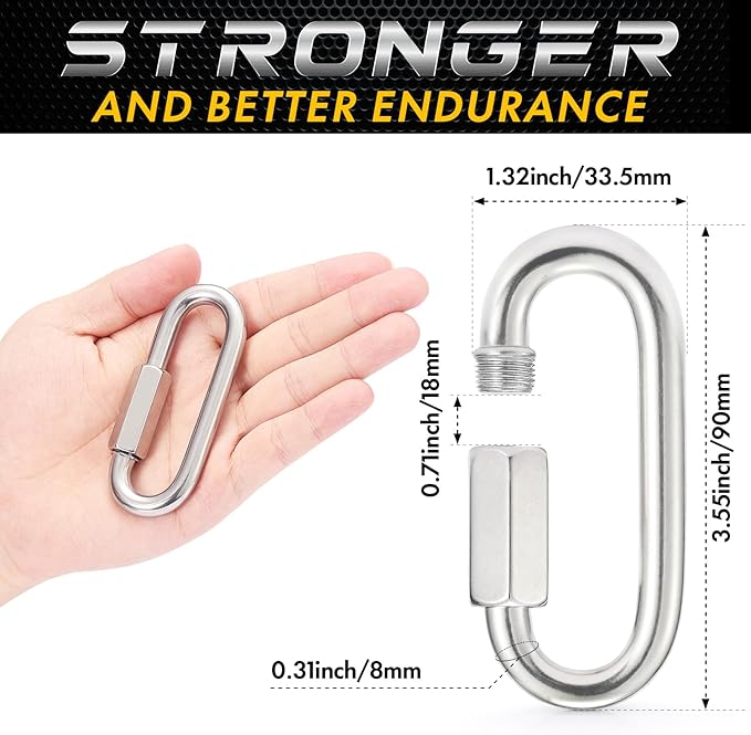 Sprookber Stainless Steel Quick Links - 304 Heavy Duty Chain Connector, Screw Locking Carabiner, Hooks, Set of 4