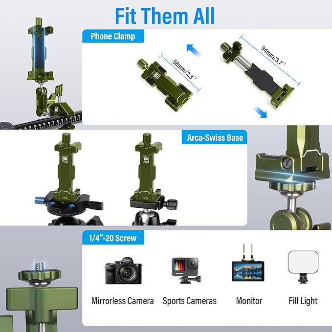 SIRUI Articulating Camera Mount Clamp with Phone Holder, Magic Arm Super Clamp with 1/4"-20 Thread and 3/8"-16 Locating Hole for ARRI, Ball Head Mount for Monitor and Bicycle, MA-G, Green