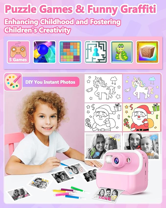 Kids Camera Instant Print, Christmas Birthday Gifts for Kids 3-12, 1080P Instant Print Camera for Kid, Toddler Camera Toy for 4 5 6 7 8 9 10 Year Old Girls Boys with 3 Rolls Paper and 32GB Card-Pink