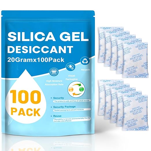 VOISEN 20 Gram 100 Pcs Color-Indicating Silica Gel Packets, Premium Food Grade Desiccant, Transparent Desiccant, Desiccant Packets for Storage, Premium Desiccant Packs for Food, Electronics, Closet