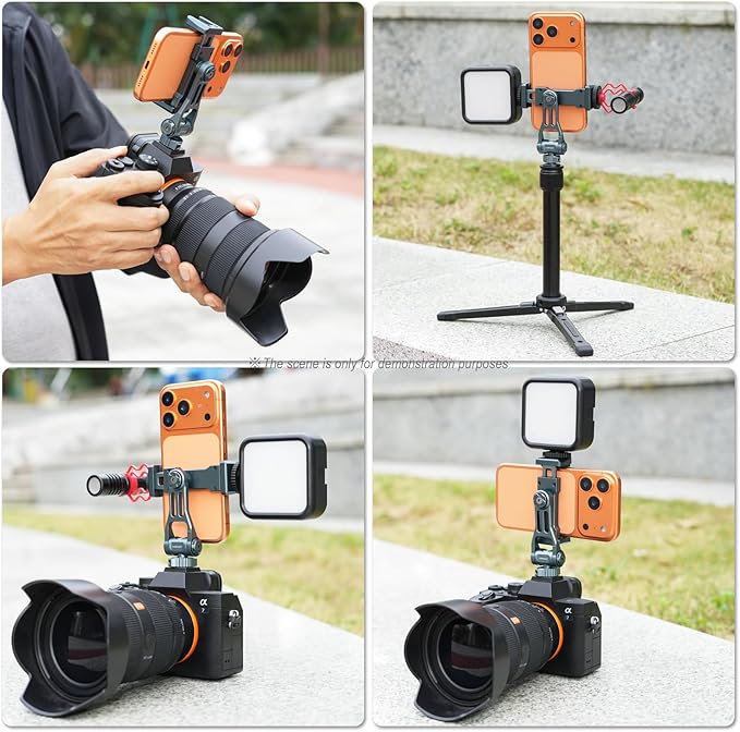 Metal Phone Camera Tripod Holder, 360° Rotatable & 180° Vertical Adjustment, Cold Shoe and 1/4" Thread Port, Compatible with iPhone17Pro Max 16 15 14 and Samsung Phones, Selfie Stick & Camera Cage。