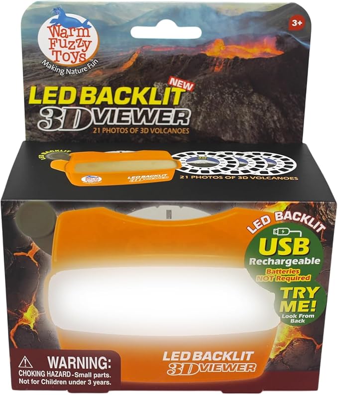 WARM FUZZY Toys LED Backlit 3D Viewer – (Volcanoes) – New 2025 USB-C Rechargeable Viewer for Kids & Adults Includes 3 Reels with 21 HD 3D Images – Patent-Pending Retro Toy, No Light Source Needed