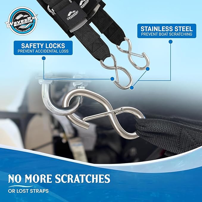 WavesRx Premium Boat & Jet Ski Trailer Transom Straps - Marine Tie Downs - Adjustable via Quick Release Buckle - Must Have Boating Accessories for Safe and Secure Transportation of Your Watercraft