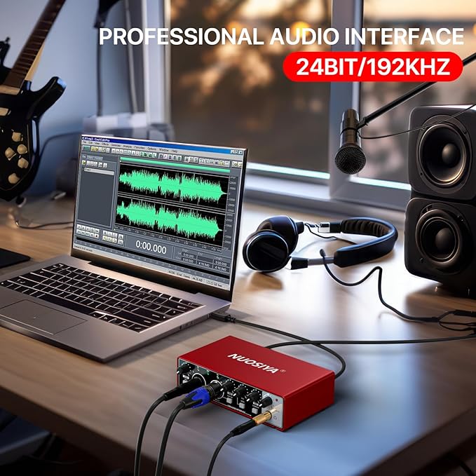 USB Audio Interface for PC Computer Recording Music, Red Guitar Audio Interface for Mac 24Bit/192kHz Podcasting Streaming for Vocalist Producer with 48V Phantom Power