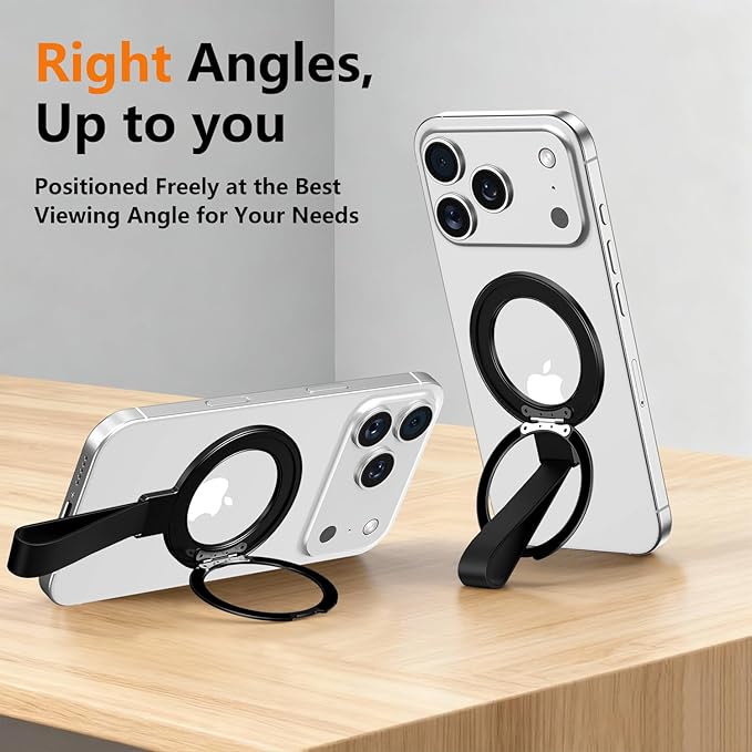 360 Rotation Adjustable Kickstand with Silicone Strap,Dual-Side Magnetic Ring Holder,for MagSafe Magnet, for iPhone 17/16/15/14/13/12 Air/Pro/Pro Max, Pixel 10,Galaxy S25 S24 (H-02 Black)
