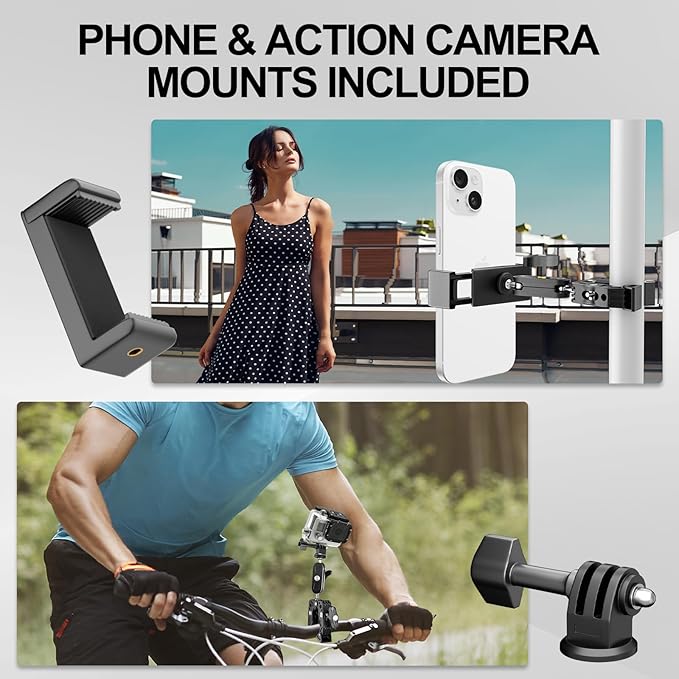 Super Clamp Camera Mount with 360 Dual Ballhead Magic Arm, 1/4"-20 & 3/8"-16 Thread and Phone/Action Camera Mount Adapter for Canon Nikon DSLR Camera/Gopro/LED Light/Monitor