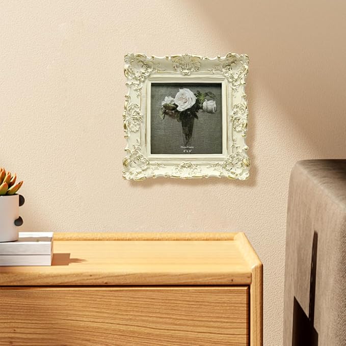 CISOO 4x4 Vintage Small Picture Frame, Antique Ornate White with Gold Square Photo Frame, for Table Top and Wall Display, Decorative Floral Design Retro Home Decor, Photo Gallery Art
