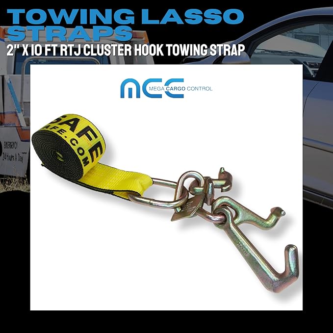 Mega Cargo Control 2" x 10' Tie Down Recovery Cluster Strap - Heavy Duty Towing Straps with RTJ Hooks for Tow Trucks, Flatbeds, Trailers (Yellow, 4 Pack)
