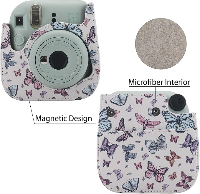 Frankmate Protective Case Compatible with Fujifilm Instax Mini 12 11 9 8 Instant Film Camera with Pocket and Adjustable Strap (Big Small Butterfly)