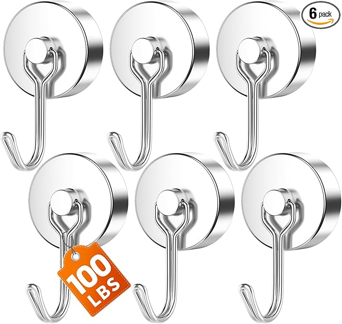FINDMAG 100lbs+ Magentic Hooks Heavy Duty, Super Strong Magnetic Hooks for Cruise Essentials, Neodymium Magnets with Hooks for Hanging, Camper, Ceiling, Toolbox, Fridge, Beach Vacation, 6 Pack, Silver