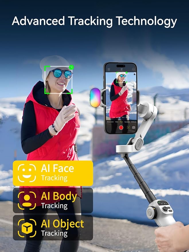 AOCHUAN Gimbal Stabilizer for iPhone w/RGB Magnetic Fill Light, Foldable Gimbal w/7.8' Extension Rod & OLED Display for Vlogging & Filmmaking, Compatible with iPhone 16/15 Pro Max-Smart X2 Kit White