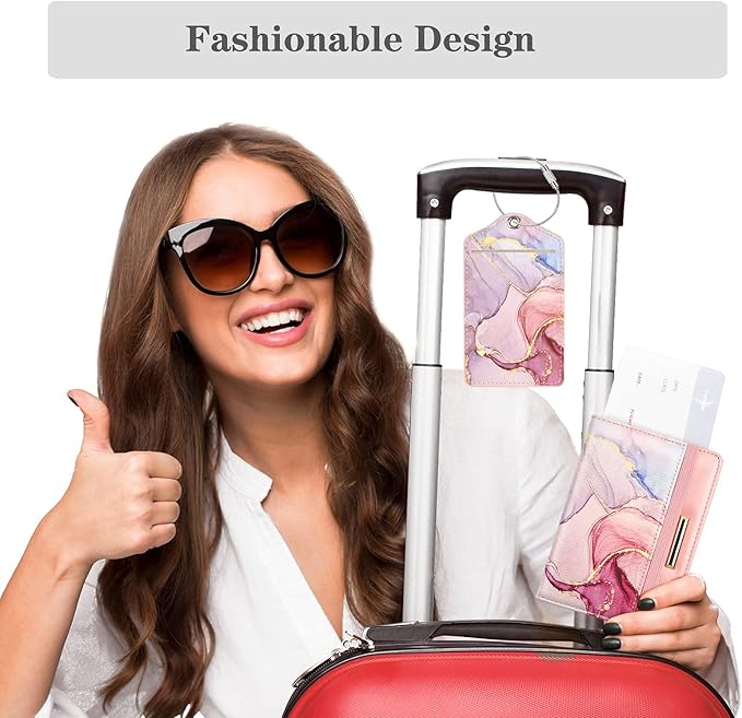 (Set of 2) Luggage Tag for Suitcases Leather Privacy Cover ID Label with Stainless Steel Loop, Travel Bag Tags Suitcase Labels, Watercolor Pink