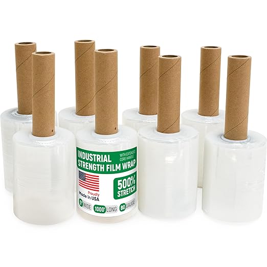 Paclord 5" x 1000' Industrial Strength Mini Stretch Wrap with Extended Core Handles, Ready to Use Pack of 8 Clear Stretch Film Rolls, 80 Gauge, 500% Elongation - Shrink Wrap for Moving, Packing
