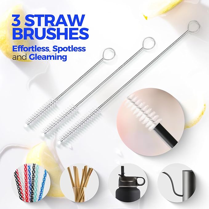 Holikme 6 Pack Bottle Brush Tube Set, 14" Long Handle Stainless Steel Bottle Cleaner Brush, 3 Straw Brushes, Portable 3-in-1 Bottle Cleaning Brush for Water Bottle, Cups, Baby Bottle, Straws Yellow
