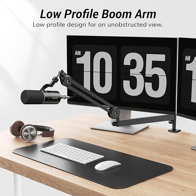 TONOR Microphone Boom Arm, Low Profile Mic Arm, Fully Adjustable Mic Stand with Desk Mount Clamp,Screw Adapter, Cable Management, for Streaming Gaming Podcast Studio Recording Home Office T40LP Black