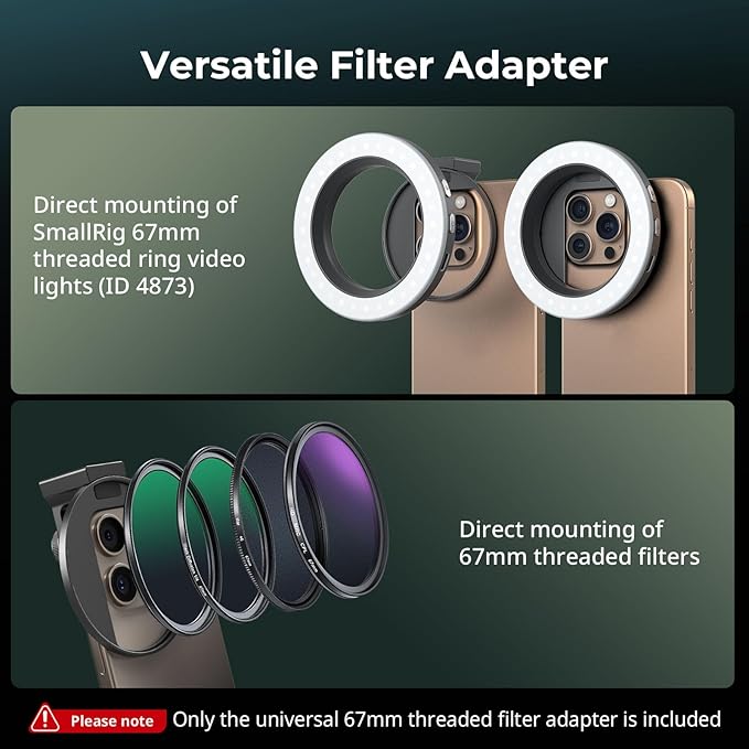 SmallRig Universal 67mm Threaded Filter Adapter for Phone Photography, Compatible with 67mm Threaded Filters & LED Lights, Built-in Cold Shoe Mount -5174