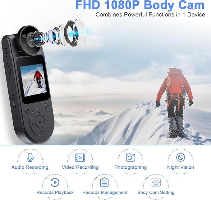 Tkiplay Mini Body Cameras with Audio and Video Recording, Portable Personal Body Cam, HD 1080P Bodycam, Small Personal POV Vlogging Body Camera, Wearable Clip on Camera for Shirt with Night Vision