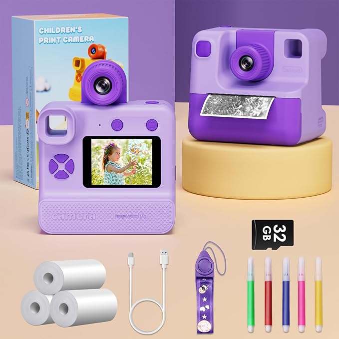 Kids Camera Instant Print, Christams Birthday Gifts for Girls Boys 5 6 7 8 9 10 Year Old, FHD Kids Toddler Digital Video Cameras,Selfie Cameras with 3 Rolls BPA-Free BPS-Free Print Paper & 32G Card