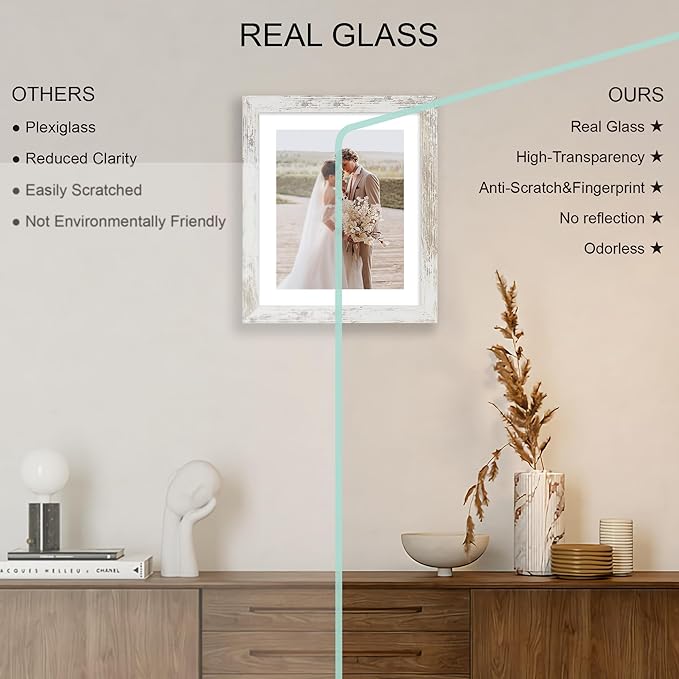 10x12 Picture Frame Set of 4, Made of Real Glass and Distressed White Frame - Display Picture 8x10 with Mat or 10x12 Without Mat, 10 by 12 Photo for Wall Mounting