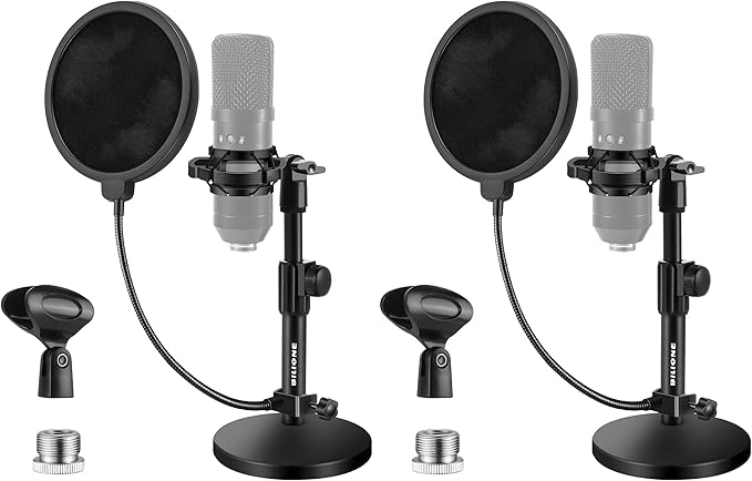BILIONE Multifunctional Desktop Microphone Stand, Adjustable Mic Stand Desk with Pop Filter, Shock Mount, Microphone Clip, 5/8" to 3/8" Metal Screw Adapter (Pack of 2)