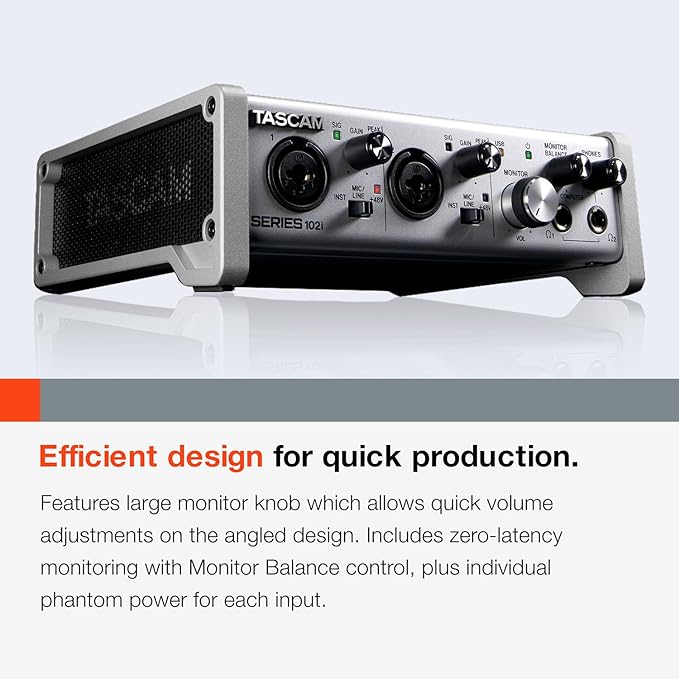 Tascam SERIES 102i 10 IN/2 OUT USB Audio Interface with MIDI, DAW Recording Software for Songwriting, Podcasting, Recording,Silver