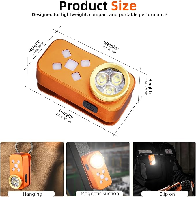 Rechargeable EDC Flashlight, Mini LED Flashights, 500 Lumens Portable Clip EDC Light, Pocket Flashlights, Magnetic Small Keychain Flashlight for Signaling, Camping, Emergency (Orange)