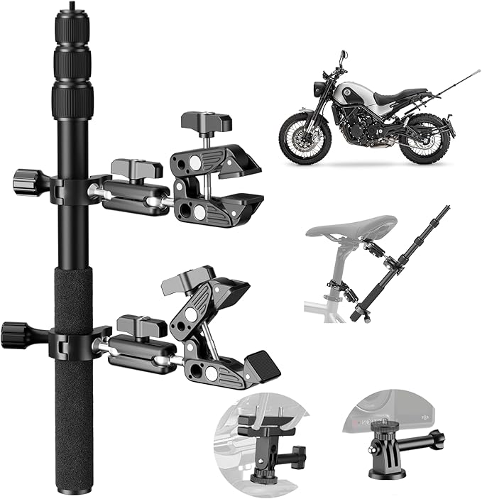 EMART Motorcycle Camera Mount Kit, Bicycle Handlebar Clamp Mount for Invisible Selfie Stick, Features Bike Seat Rail Clamp & Super Clamps - Compatible with Insta 360, gopro, DJI Nano Action Cameras